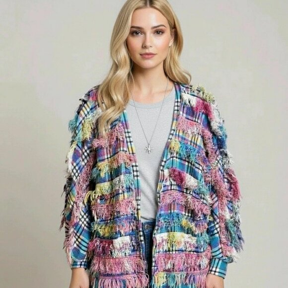 Paula Sweet Muslin Mink Women's Vintage Pastel Fringe Shag & Plaid Jacket Small - Picture 3 of 14